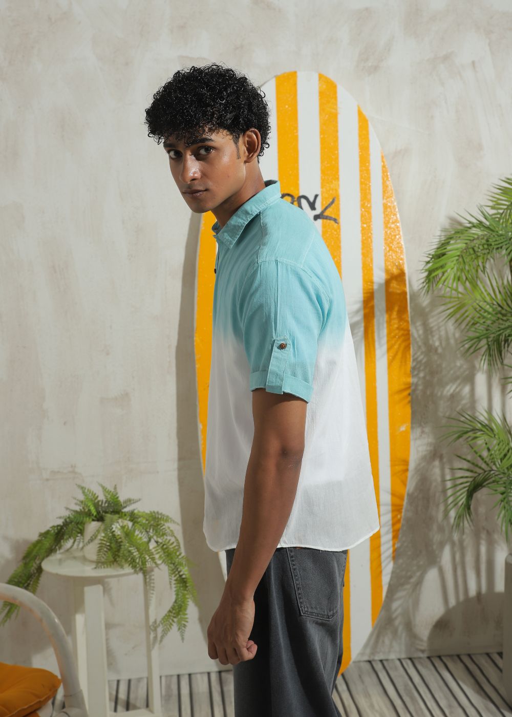 Men's teal half sleeve summer shirt with relaxed fit and resort collar