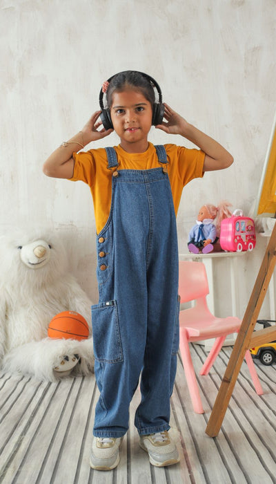 Girls Mid Blue Dungaree