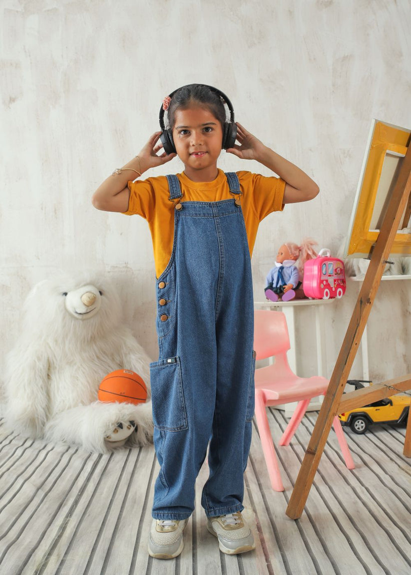 Girls Mid Blue Dungaree
