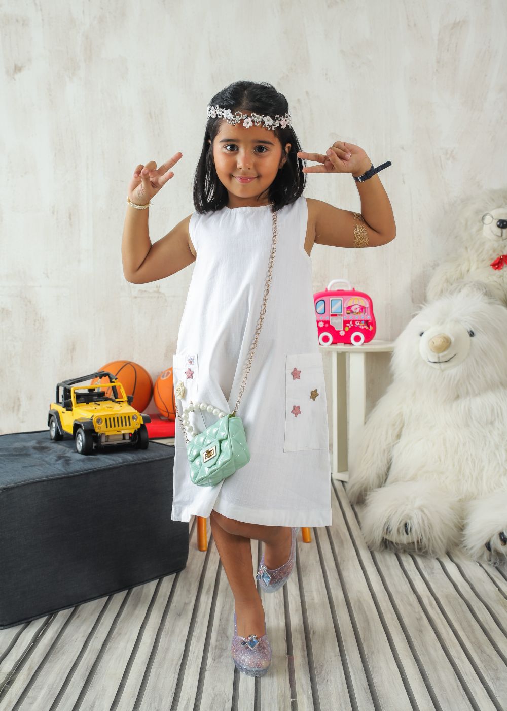 Girl's White Dress made of Cotton Lawn with Flower Details and Handy Side Pockets