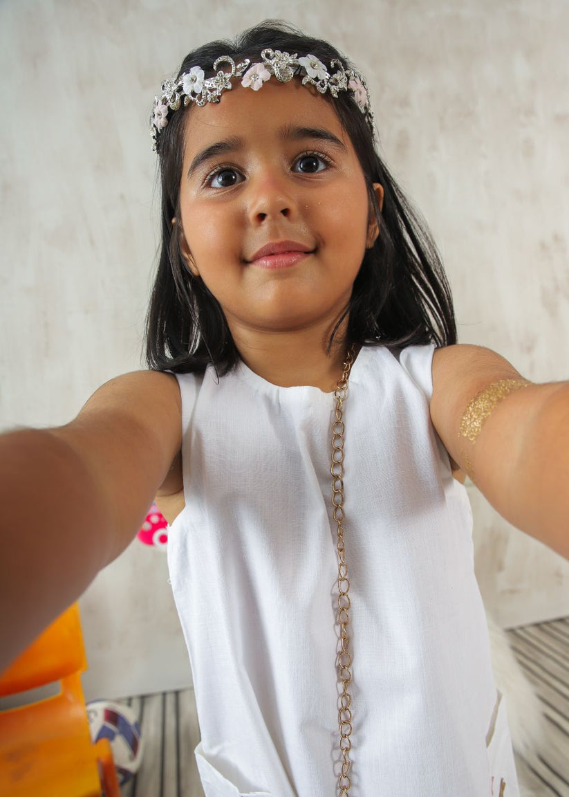 Girl's White Dress made of Cotton Lawn with Flower Details and Handy Side Pockets