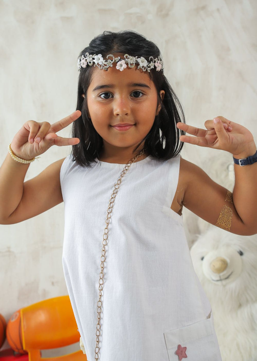 Girl's White Dress made of Cotton Lawn with Flower Details and Handy Side Pockets