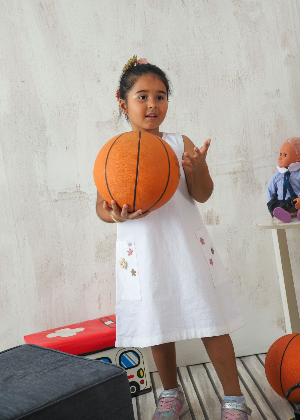 Girl's White Dress made of Cotton Lawn with Flower Details and Handy Side Pockets