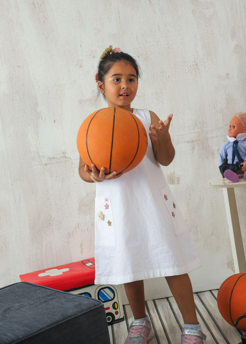 Girl's White Dress made of Cotton Lawn with Flower Details and Handy Side Pockets