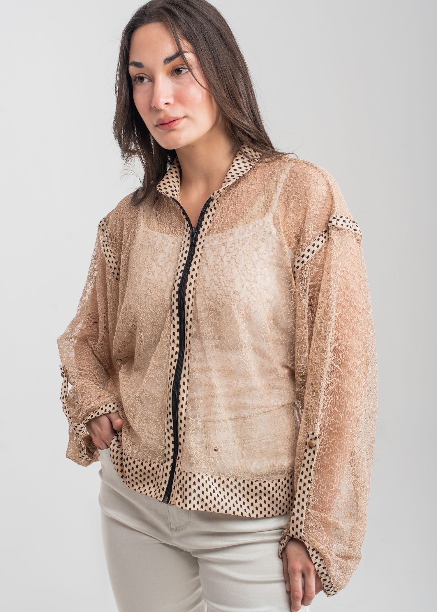 Women's Casual Blouse in Beige with a Geometric Pattern and a Black Collar