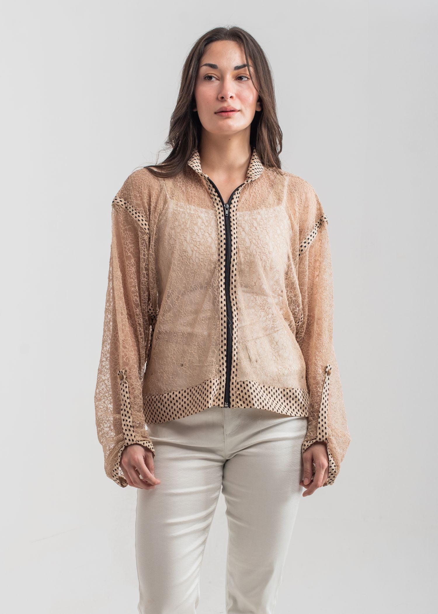 Women's Casual Blouse in Beige with a Geometric Pattern and a Black Collar