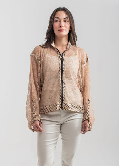 Women's Casual Blouse in Beige with a Geometric Pattern and a Black Collar
