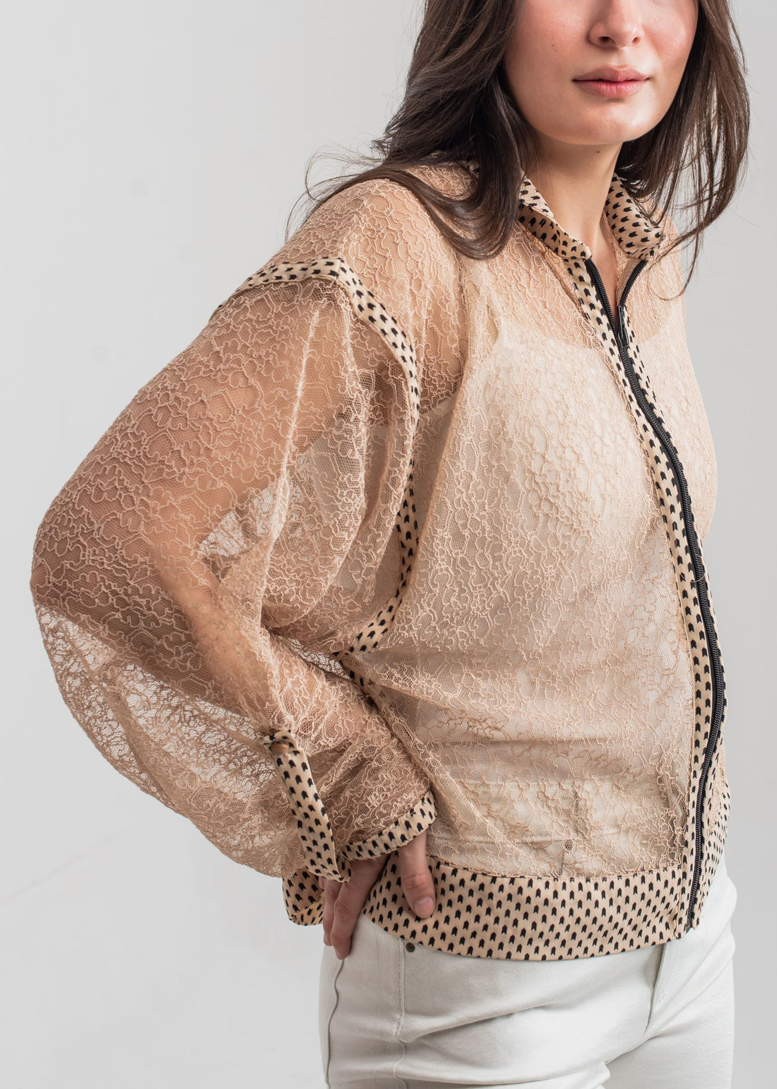 Women's Casual Blouse in Beige with a Geometric Pattern and a Black Collar