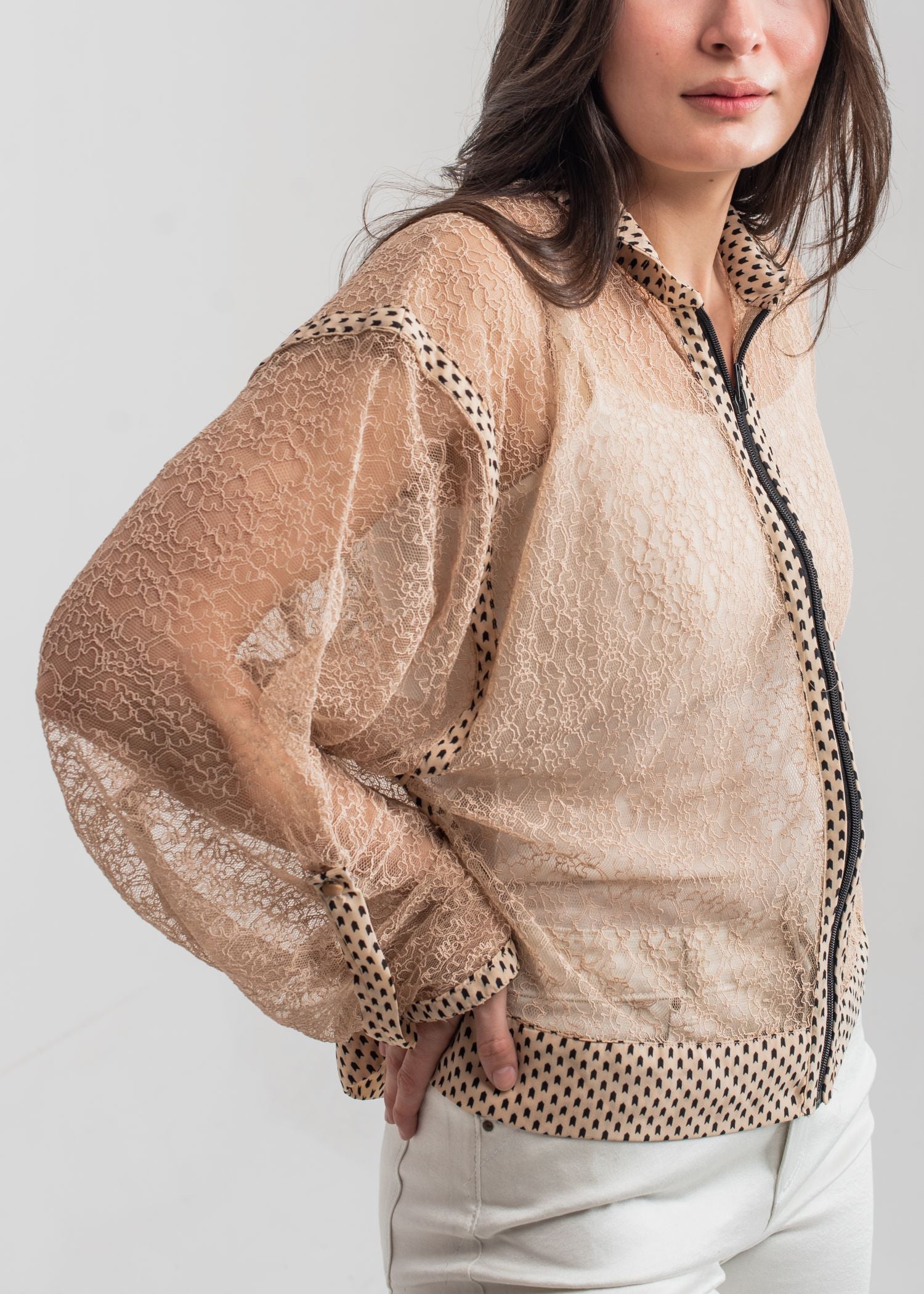 Women's Casual Blouse in Beige with a Geometric Pattern and a Black Collar