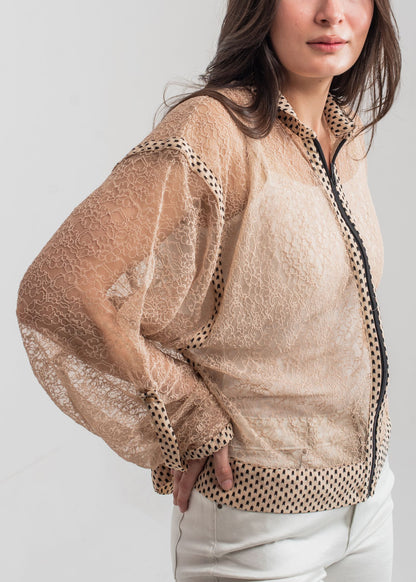 Women's Casual Blouse in Beige with a Geometric Pattern and a Black Collar
