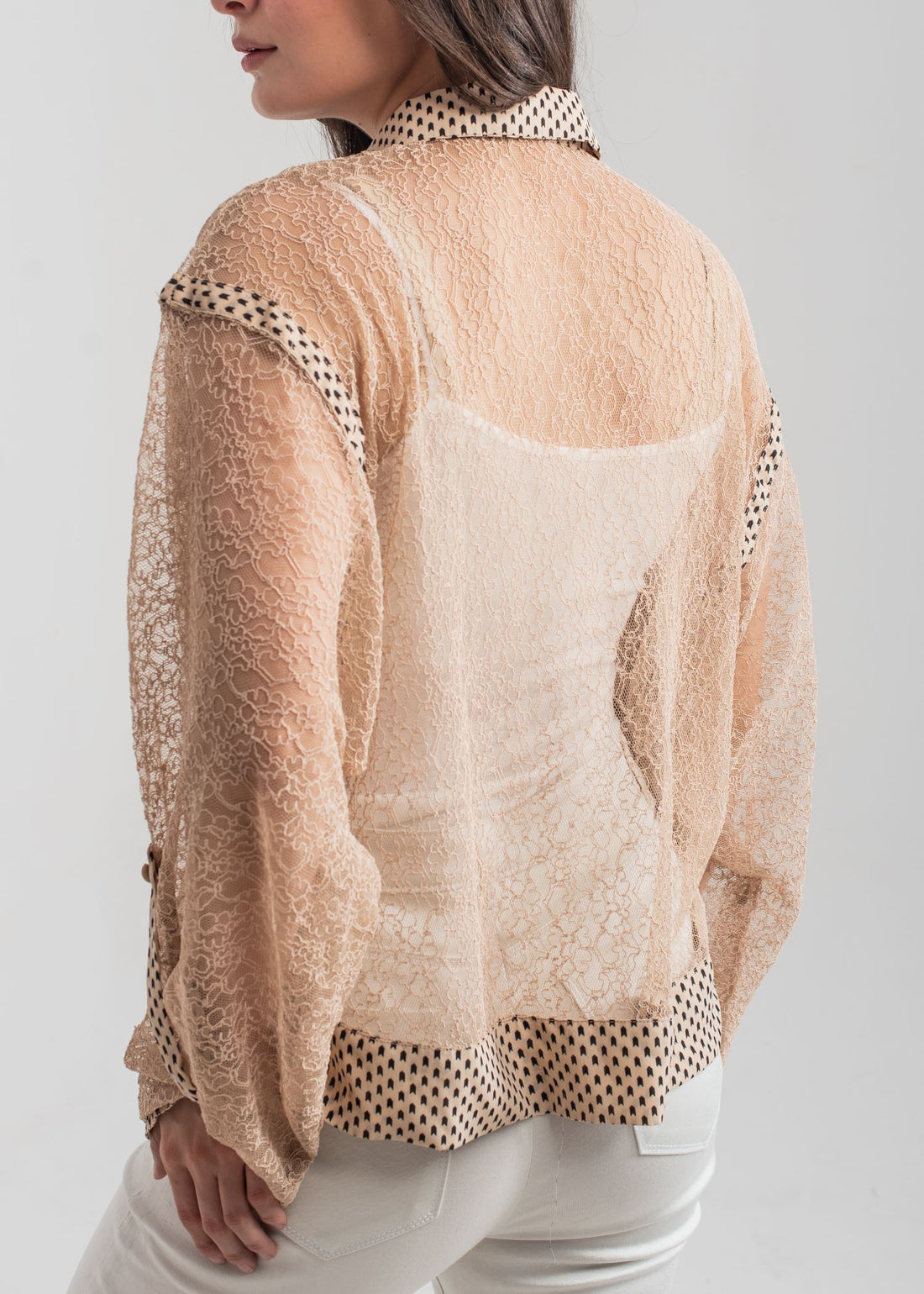 Women's Casual Blouse in Beige with a Geometric Pattern and a Black Collar