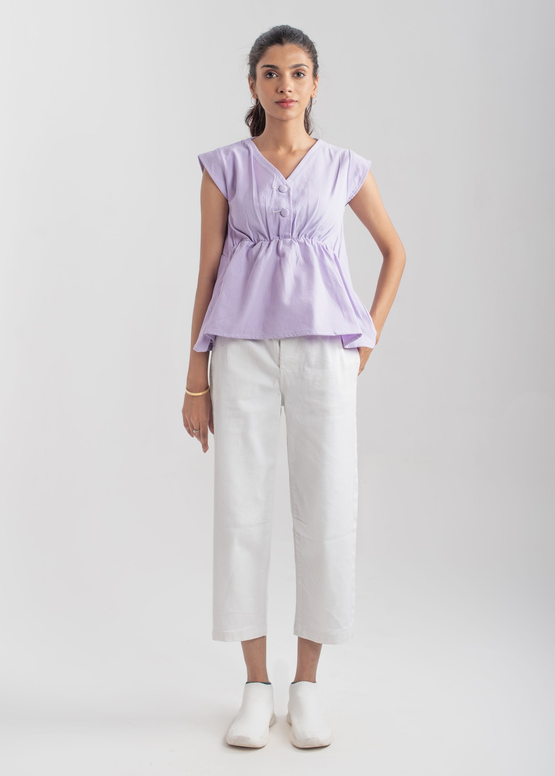 Women's Sleeveless Peplum Top in Pastel Purple by 1947 Clothing