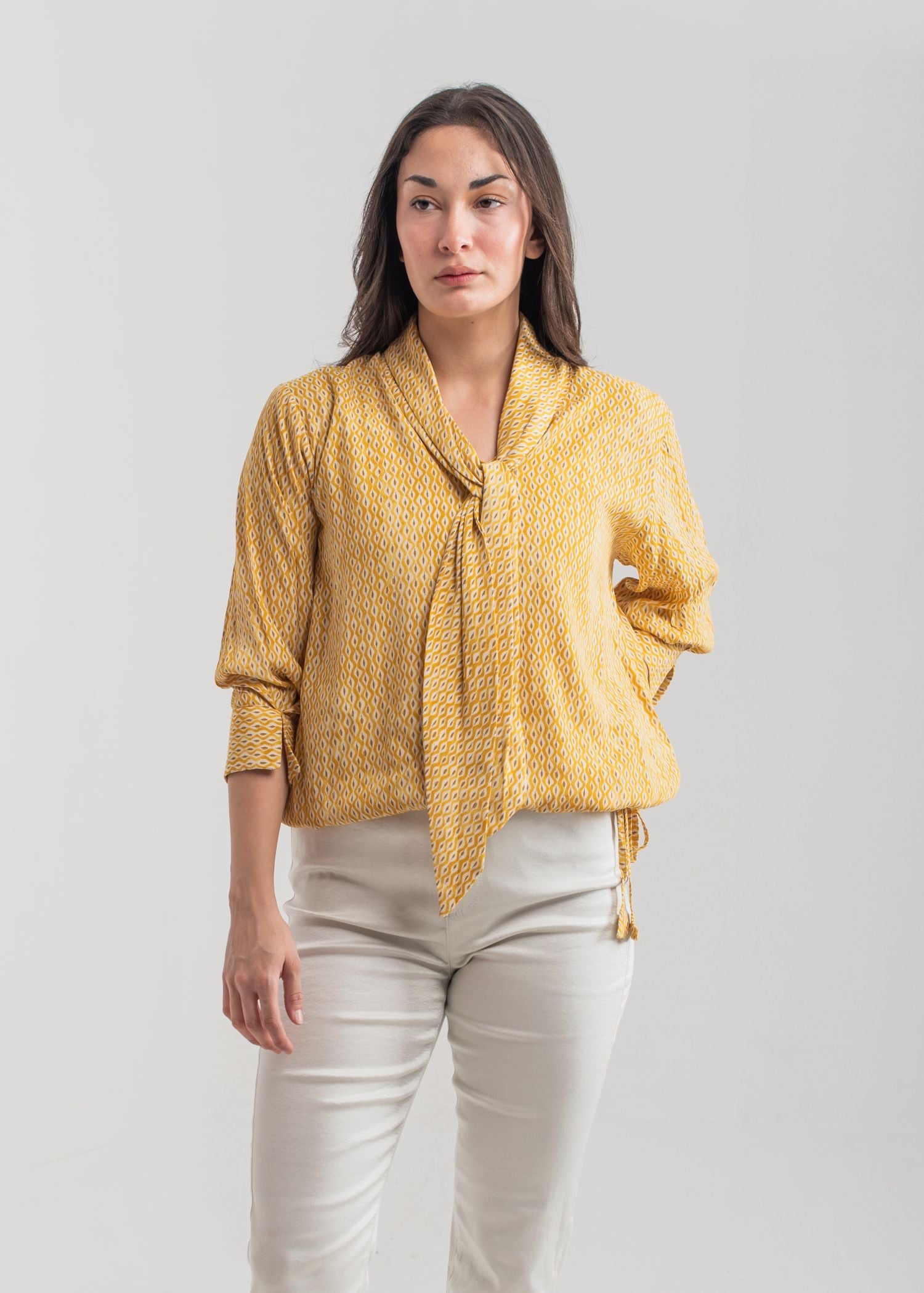 Women's Printed Top in Yellow with a Bow Neck 