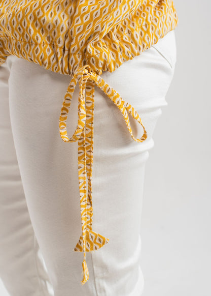 Women's Printed Top in Yellow with a Bow Neck 