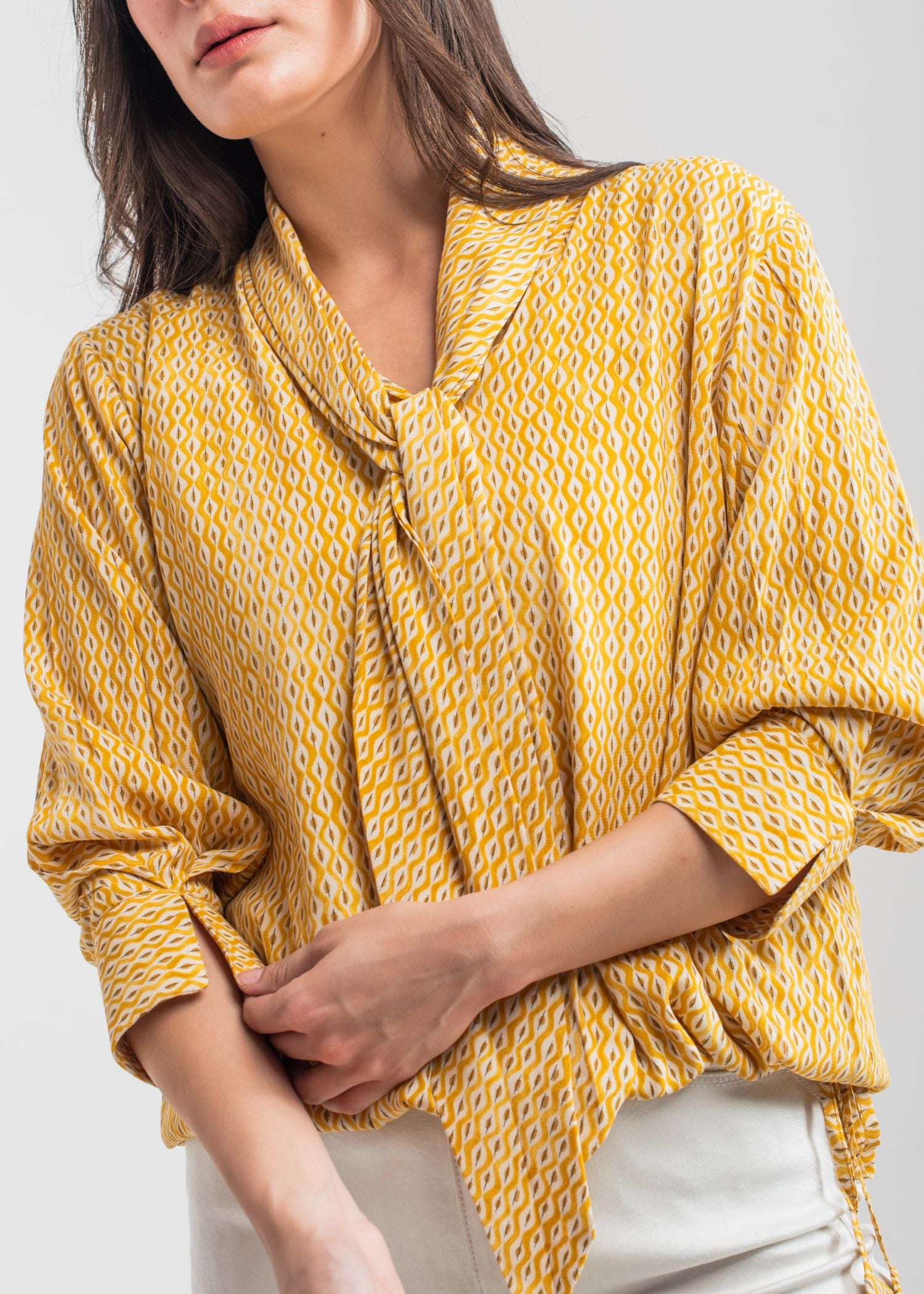 Women's Printed Top in Yellow with a Bow Neck 
