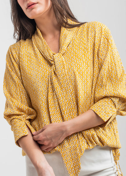Women's Printed Top in Yellow with a Bow Neck 