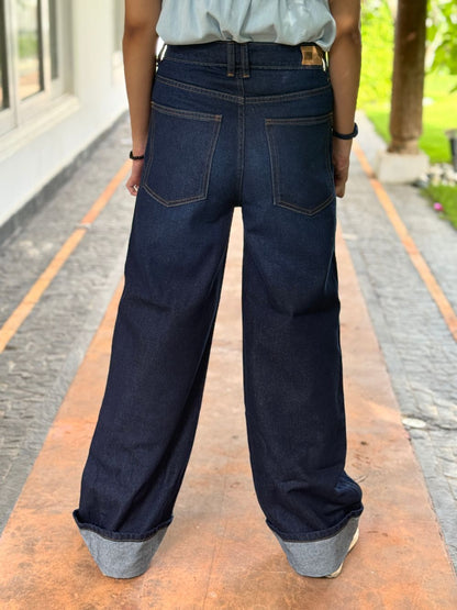 Stylish Raw Blue Denim Jeans with Fold Detail