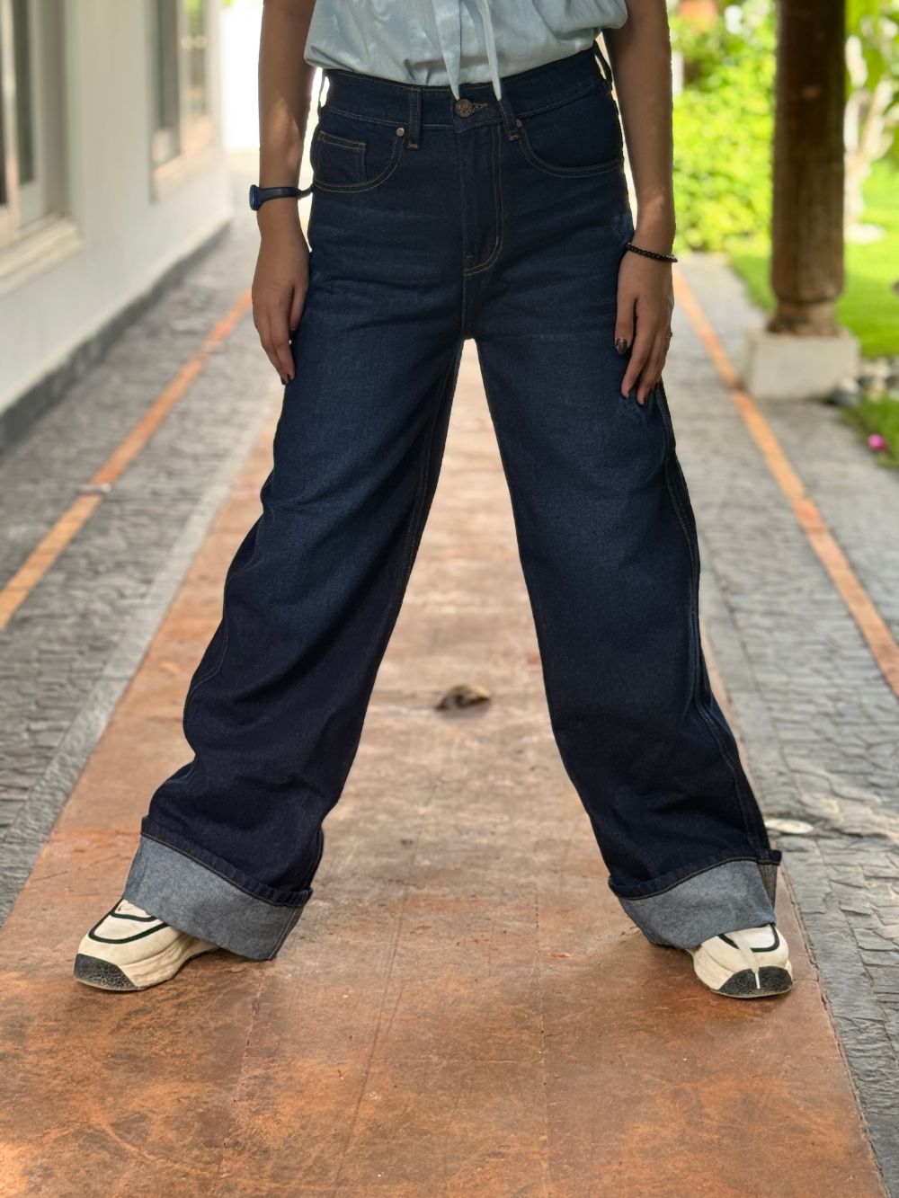 Stylish Raw Blue Denim Jeans with Fold Detail