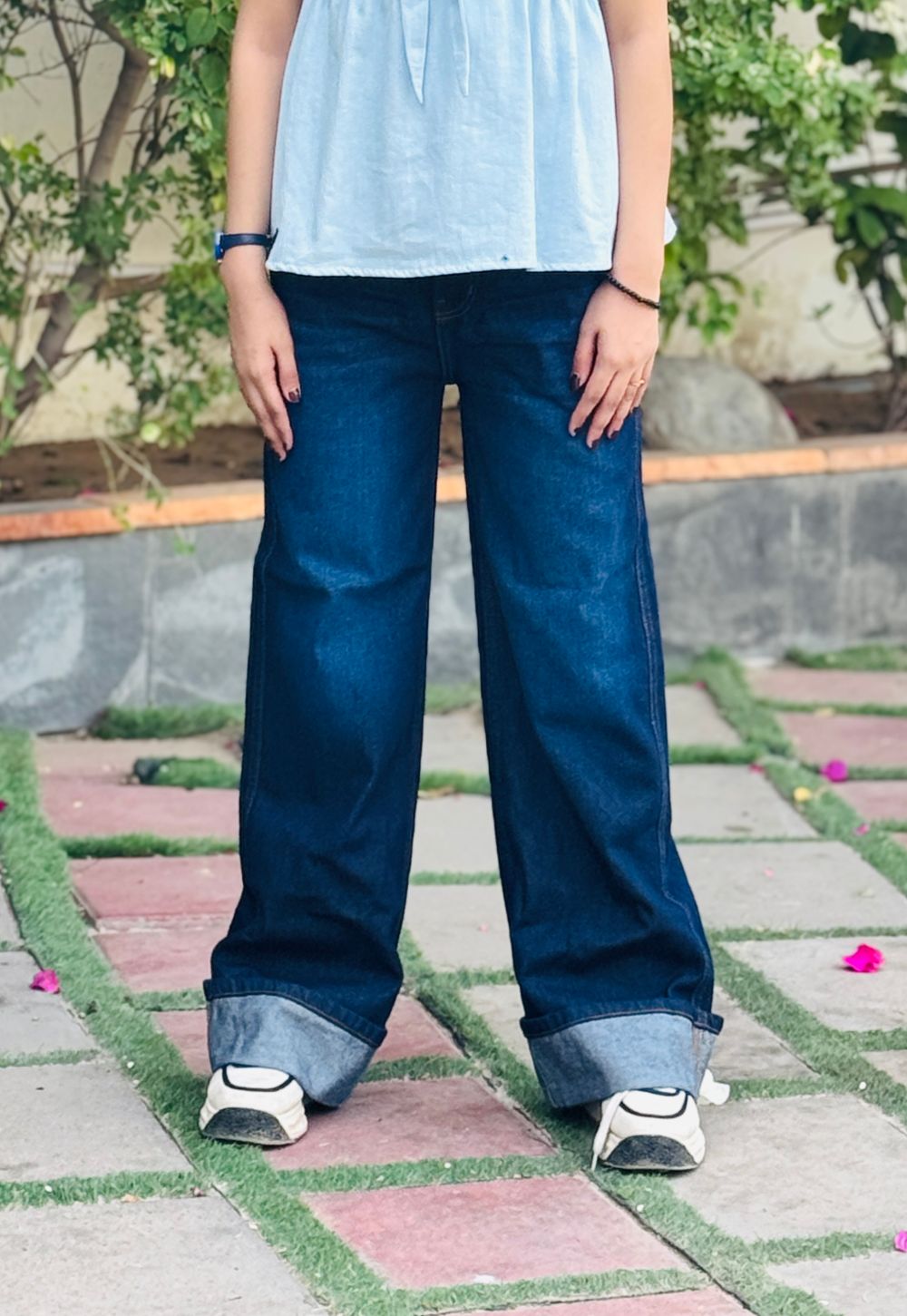 Stylish Raw Blue Denim Jeans with Fold Detail