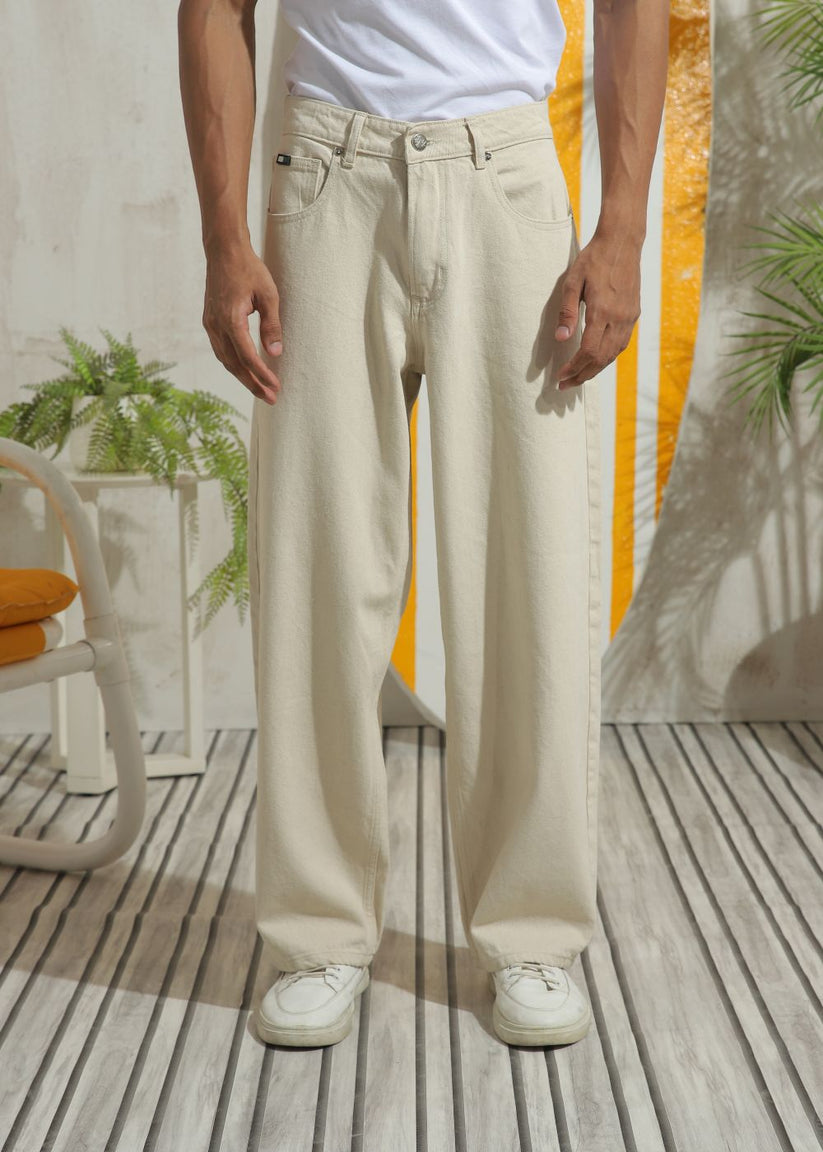 Men’s straight fit beige jeans with minimal design