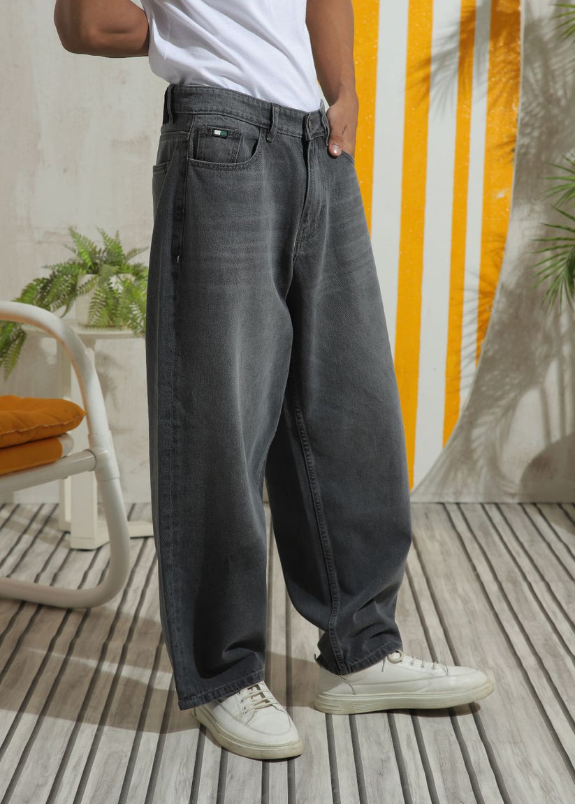 Men’s relaxed fit charcoal grey wide leg jeans with minimal detailing