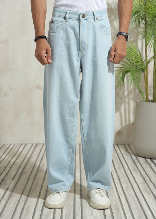 Men’s loose fit light wash blue wide leg jeans with clean finish