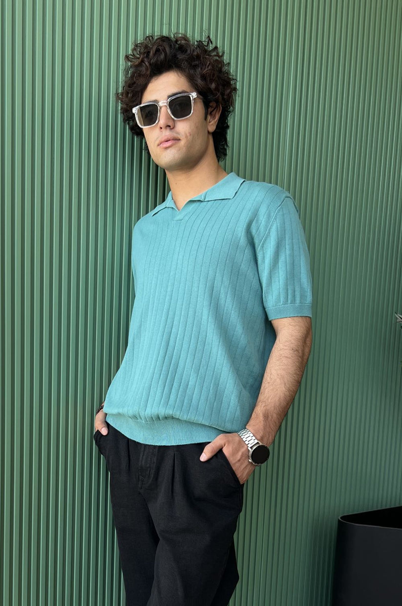 Sea Green Drop Needle Johnny Collar Polo made with 100% Combed Cotton by 1947 Clothing