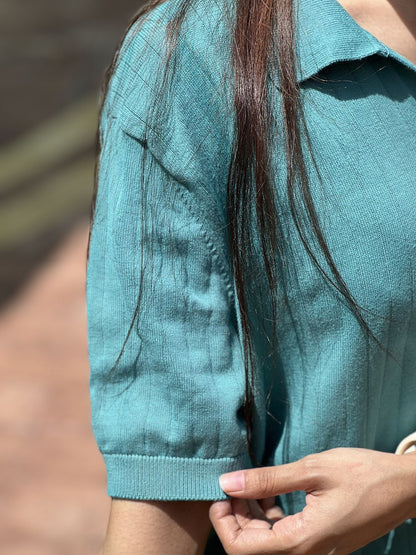 Sea Green Knitted Drop Needle Johnny Collar Polo by 1947 Clothing