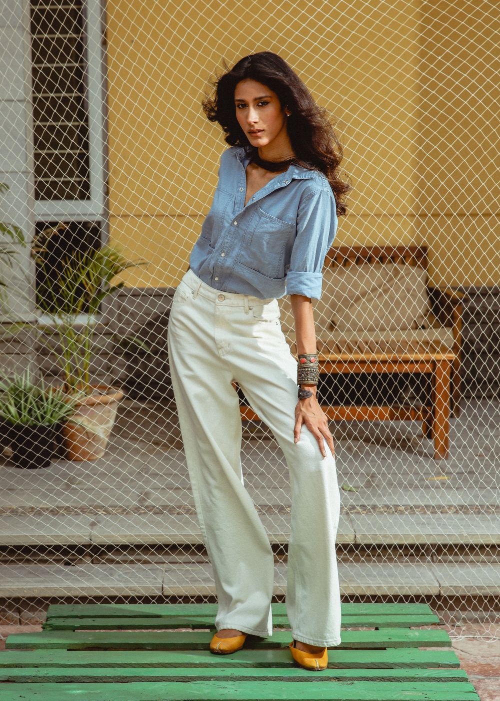 Steel Blue Denim Shirt for Women Featuring a Tailored Fit and Stylish Front Detailing with Four Pockets