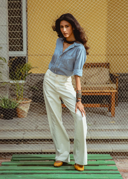 Steel Blue Denim Shirt for Women Featuring a Tailored Fit and Stylish Front Detailing with Four Pockets