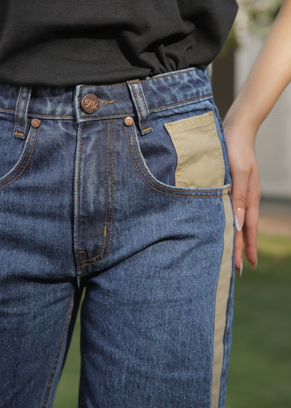 Straight Fit Women's Stripe Out Jeans in Dark Blue with Piping on the Side 