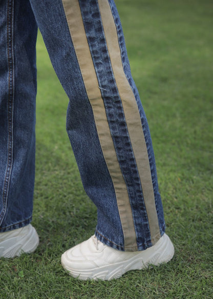 Straight Fit Women's Stripe Out Jeans in Dark Blue with Piping on the Side 