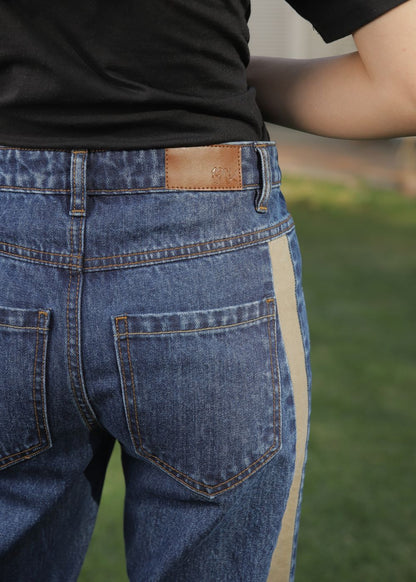 Straight Fit Women's Stripe Out Jeans in Dark Blue with Piping on the Side 