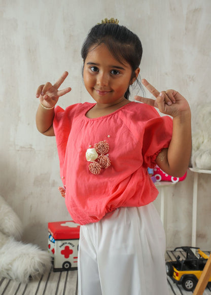 Girl's Halter Top in Pink with Flower Details on Top