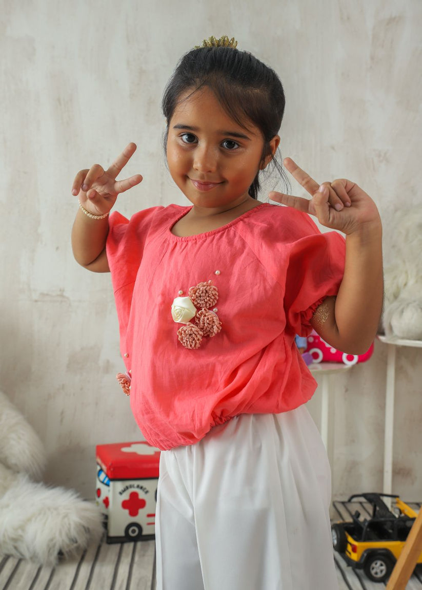 Girl's Halter Top in Pink with Flower Details on Top