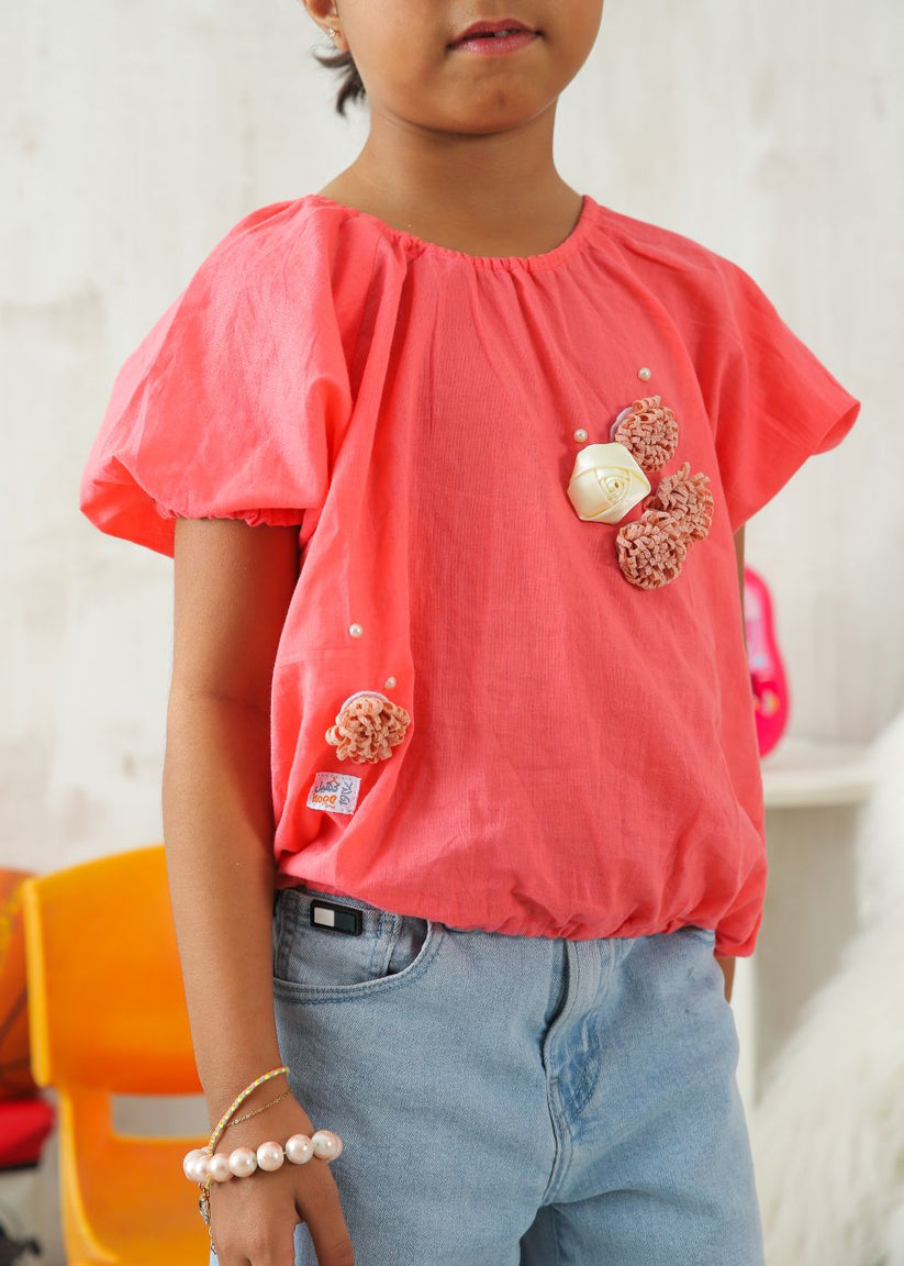 Girl's Halter Top in Pink with Flower Details on Top