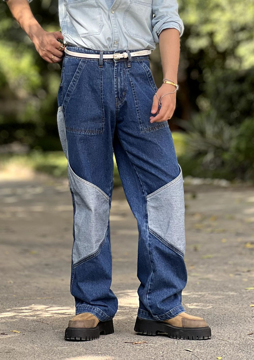 Two tone patchwork loose fit jeans men contrast panels streetwear fashion style