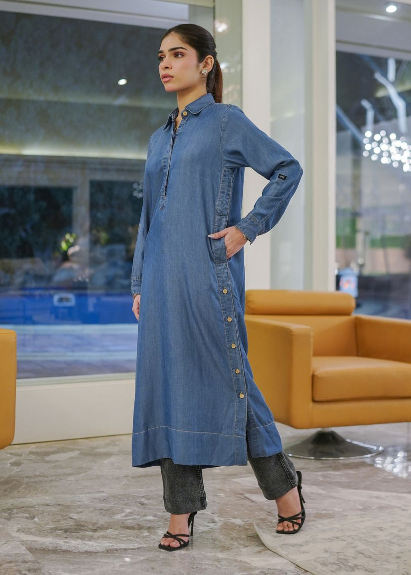 Women's long blue kurta with an open button design