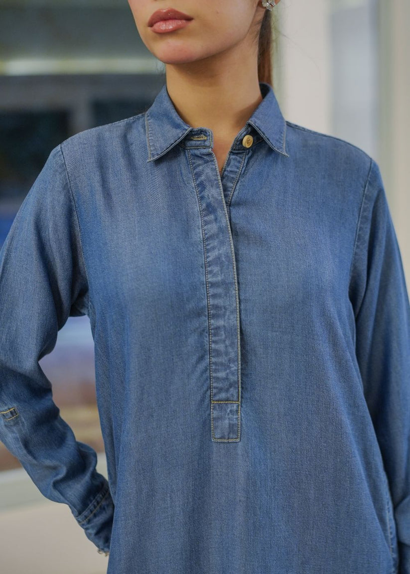 Women's long blue kurta with an open button design