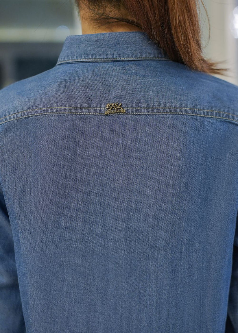 Women's long blue kurta with an open button design