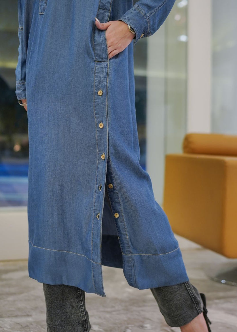 Women's long blue kurta with an open button design