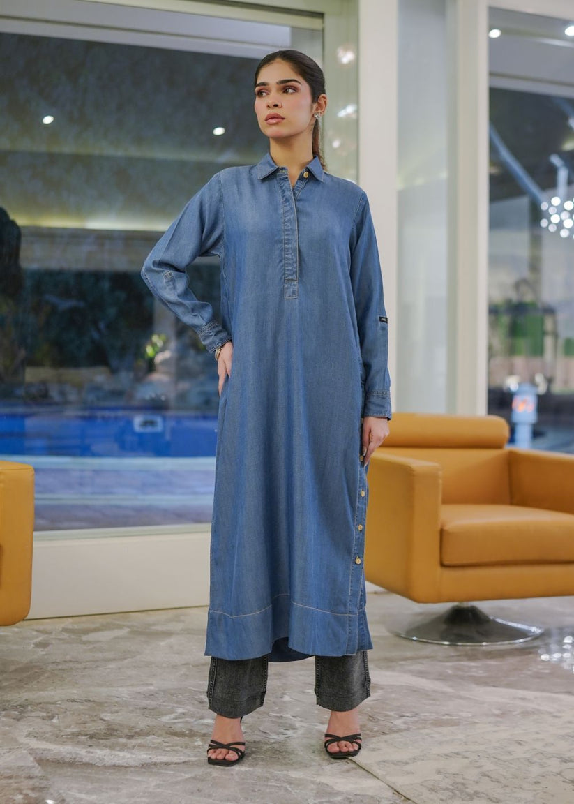 Women's long blue kurta with an open button design