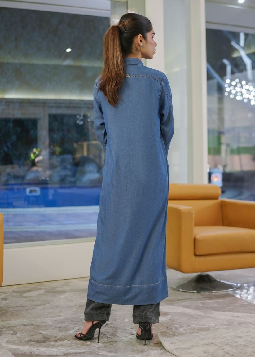 Women's long blue kurta with an open button design