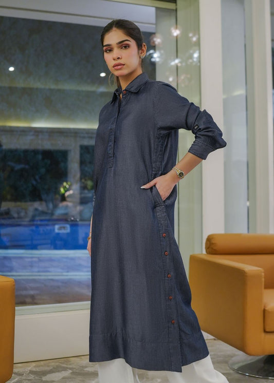 Women's Long Kurta in Blue Denim with an Open Button Design