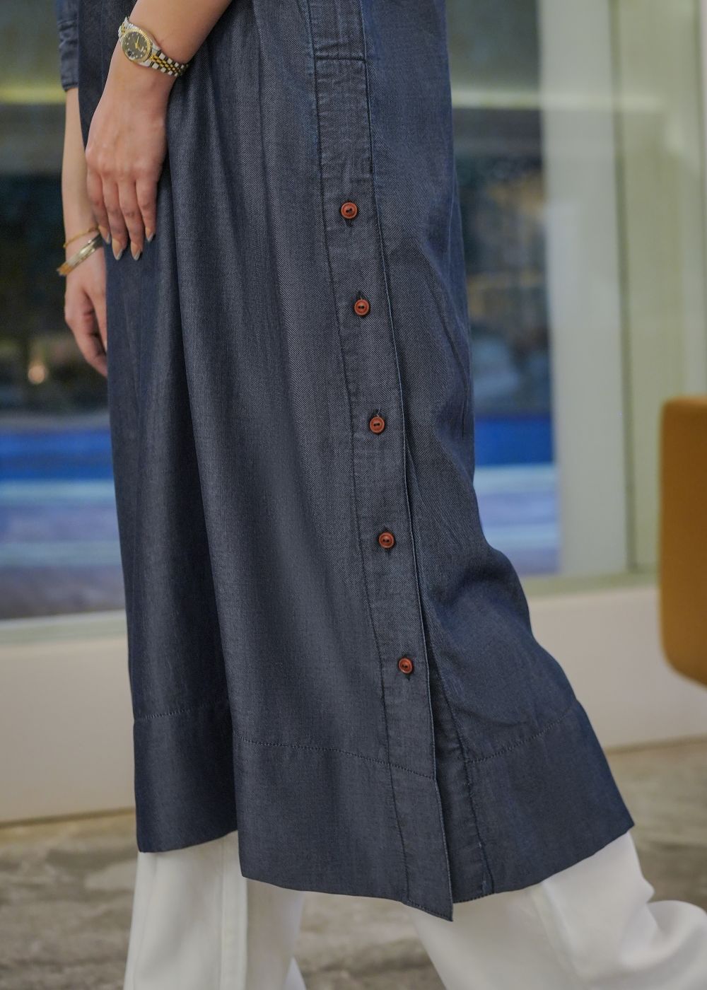 Women's Long Kurta in Blue Denim with an Open Button Design