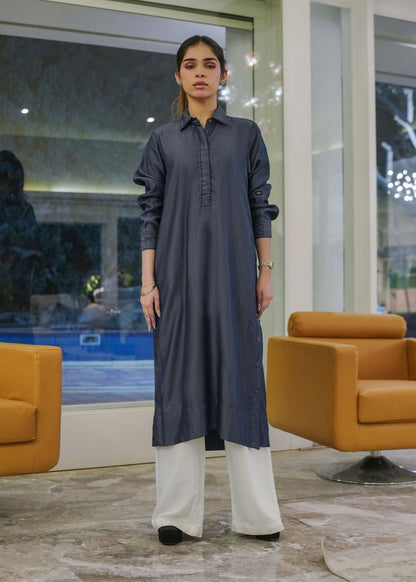 Women's Long Kurta in Blue Denim with an Open Button Design