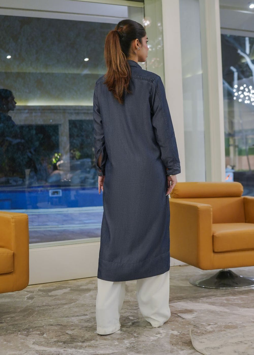Women's Long Kurta in Blue Denim with an Open Button Design
