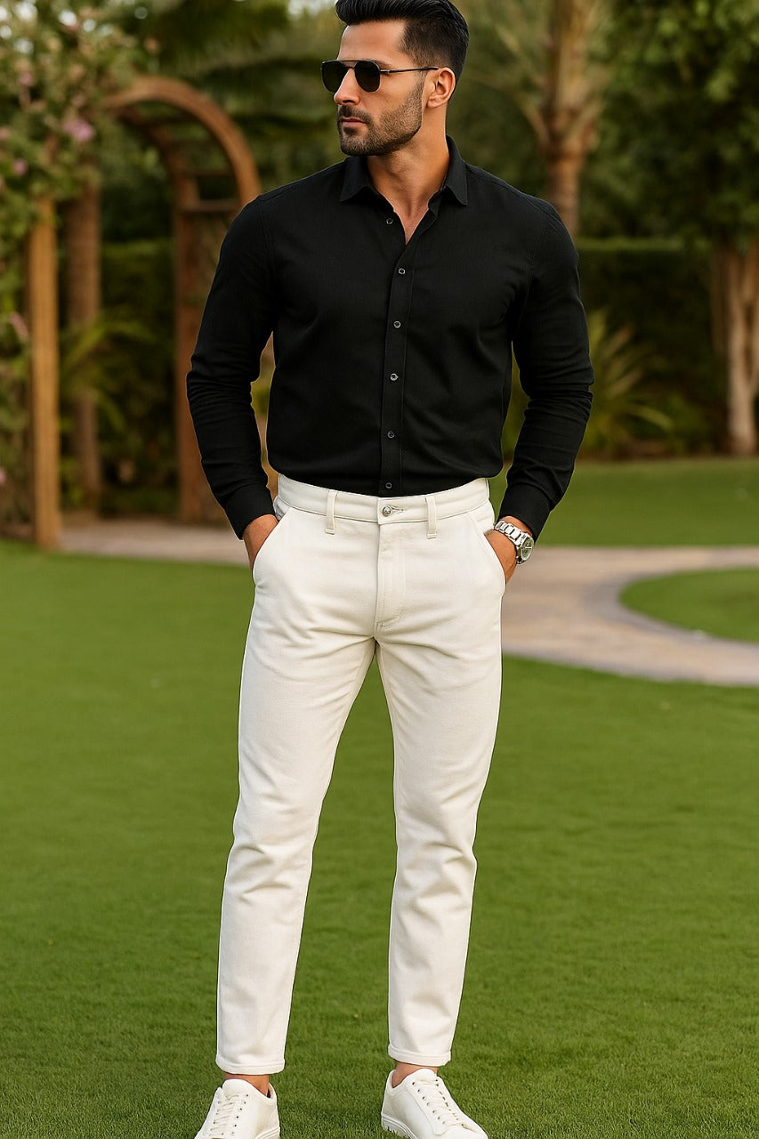 White slim fit formal jeans men clean look stretch fabric smart casual outdoor outfit