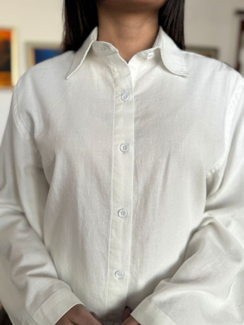 White Button Down Shirt with Relaxed Trouser made with light weight denim by 1947 Clothing