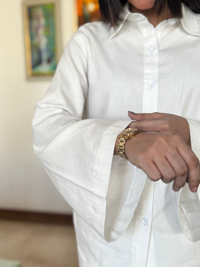 White Button Down Shirt with Relaxed Trouser made with light weight denim by 1947 Clothing